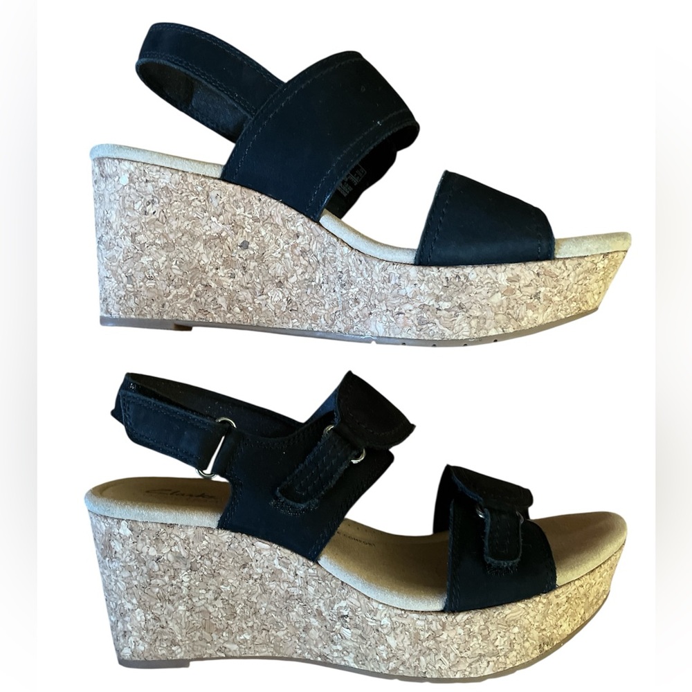 Clarks Black Rose Lane Black Slingback Platform Wedge Sandals w/straps Size 7.5 - Picture 4 of 15
